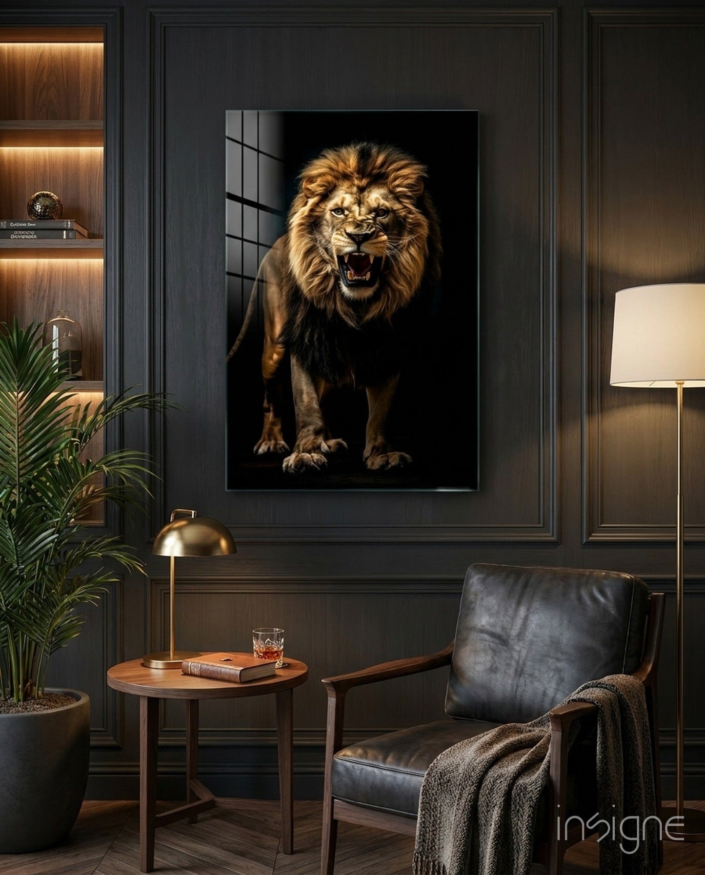 Cinematic dark lion glass wall art gold and onyx portrait tempered glass
