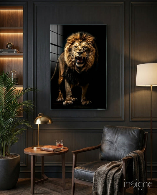 Cinematic dark lion glass wall art gold and onyx portrait tempered glass