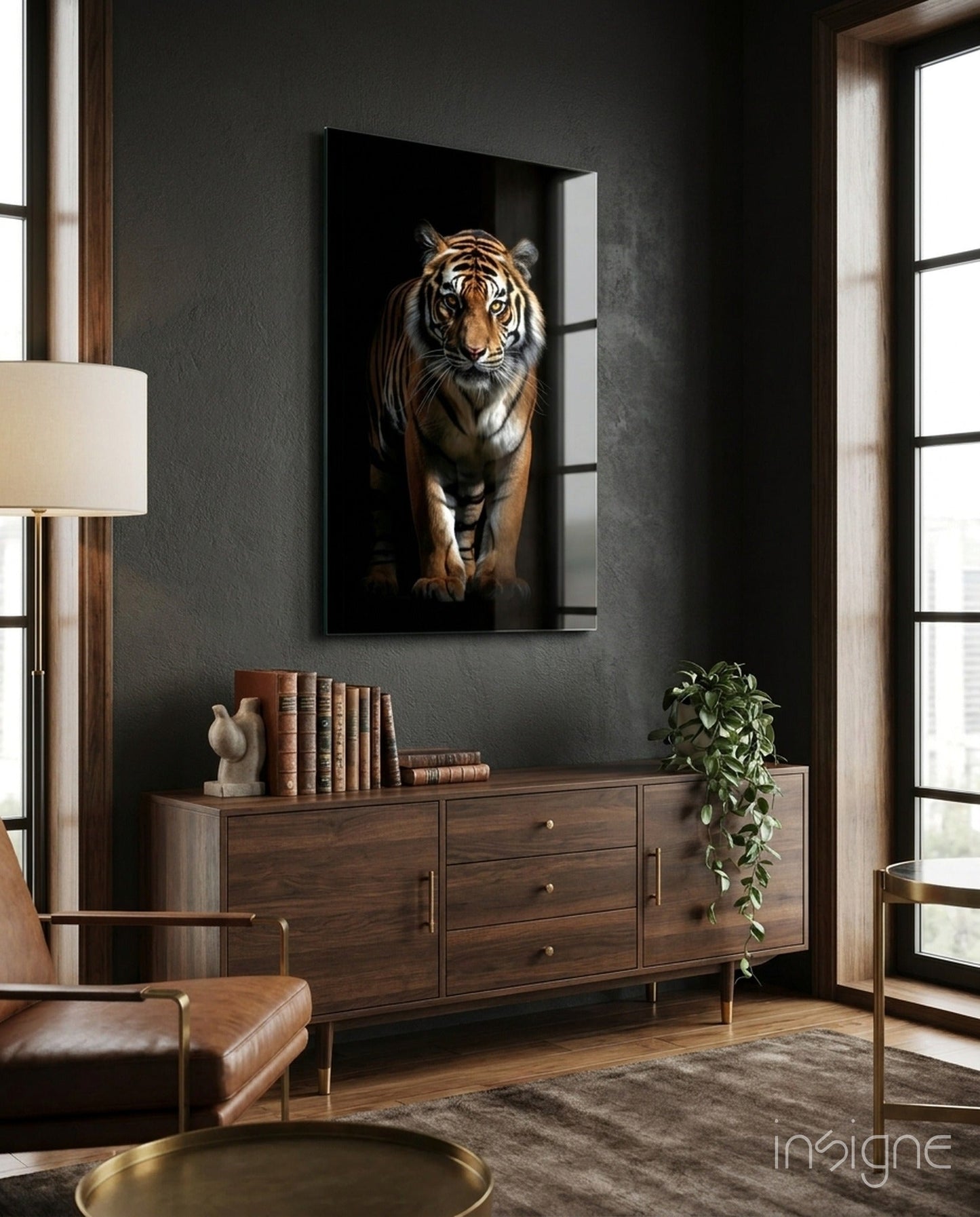 Tiger glass wall art with orange-and-black striped fur and amber eyes on a black field