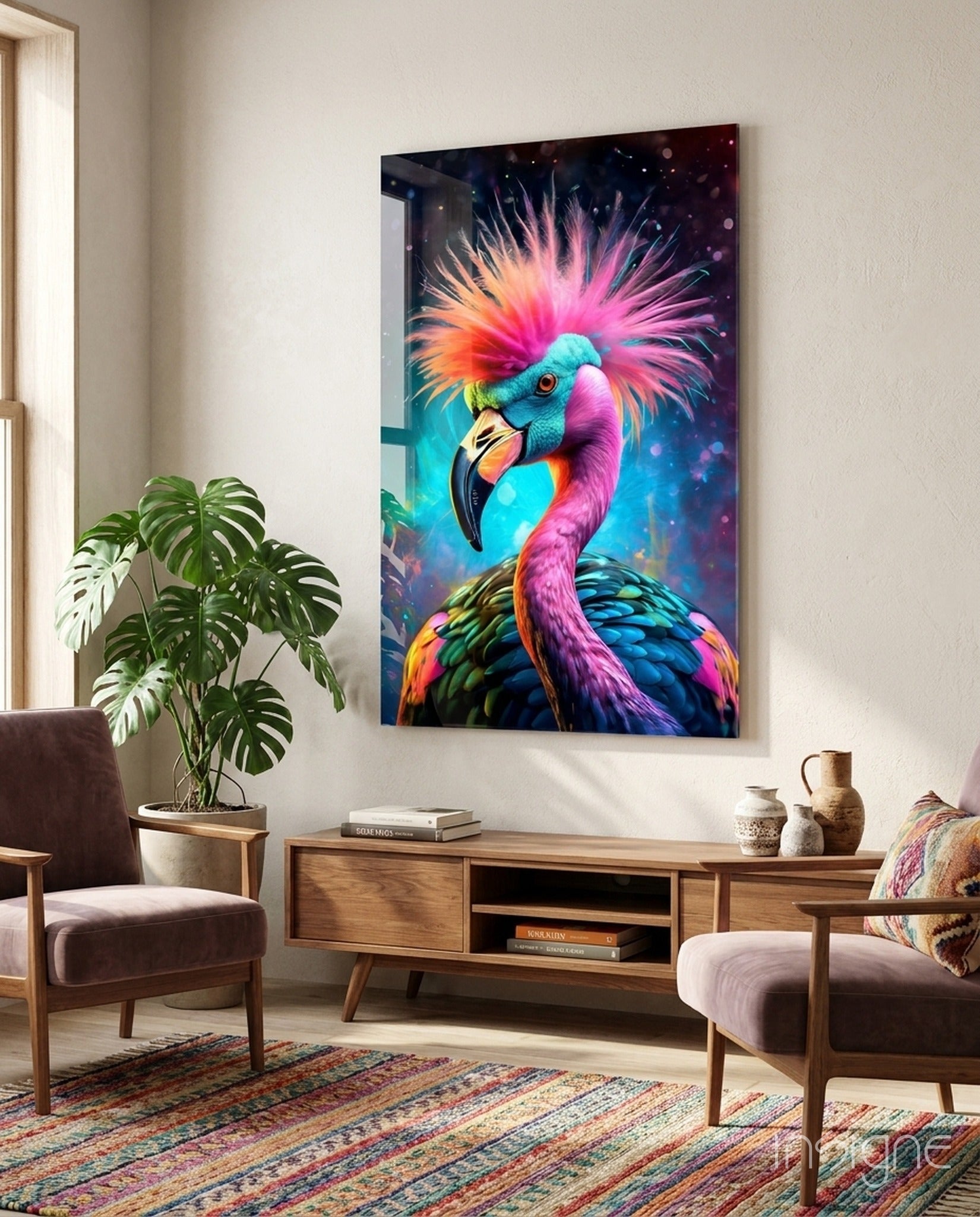 Rockamingo neon flamingo glass wall art