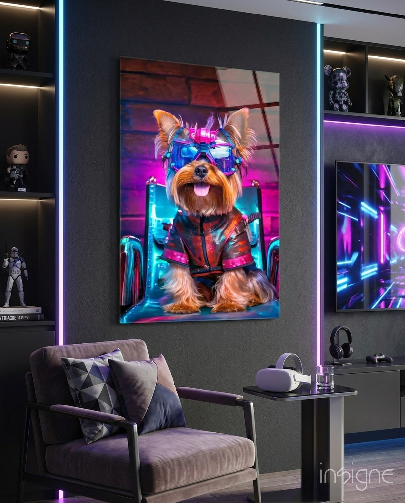 Hip dog glass wall art, stylish street-smart dog portrait on high-gloss tempered glass