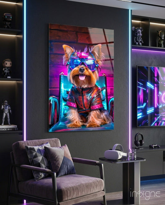 Hip dog glass wall art, stylish street-smart dog portrait on high-gloss tempered glass