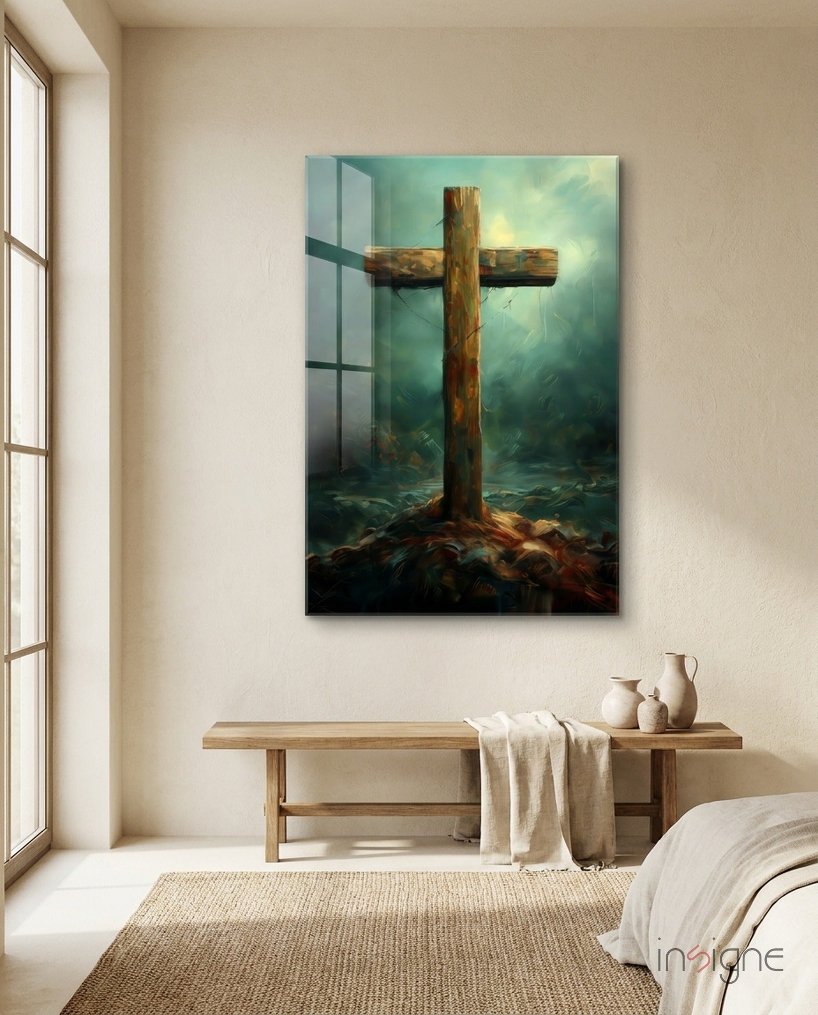 Cross on a misty hill, faith glass wall art in teal and amber on high-gloss tempered glass