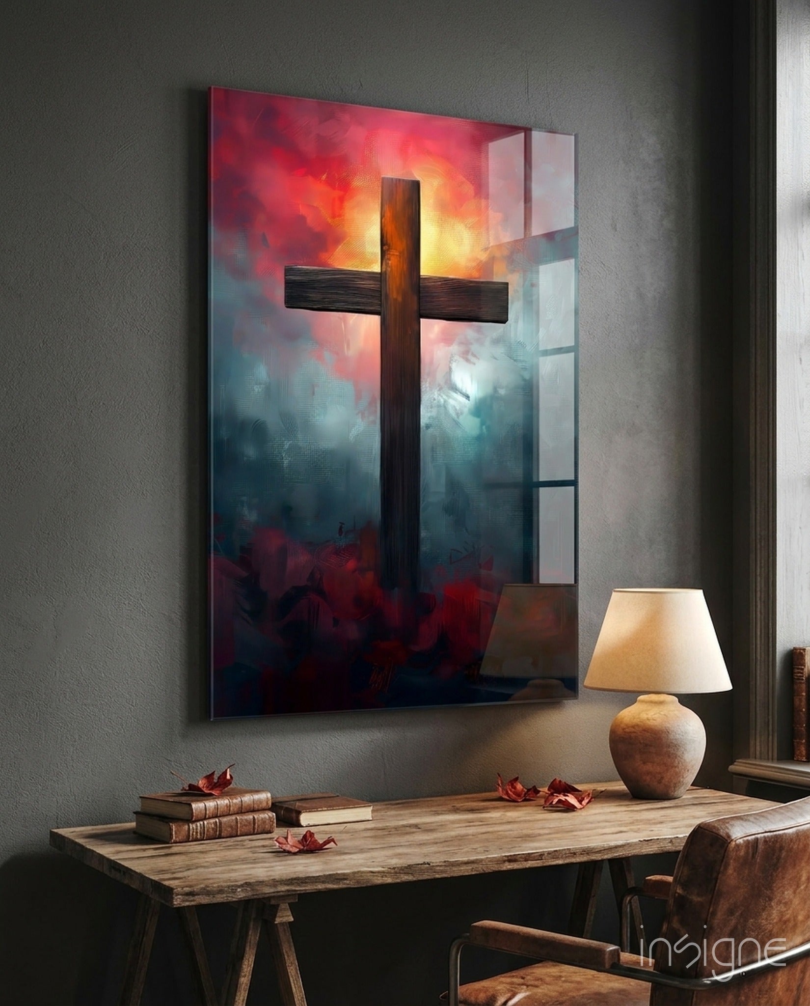 Cross sunset glass wall art
