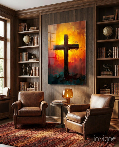 Cross sunrise glass wall art