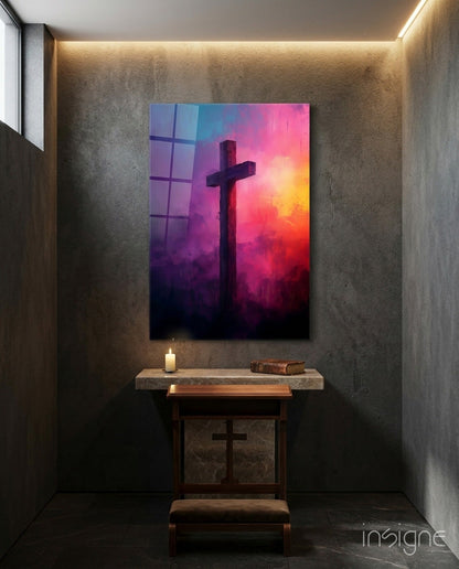 Wooden cross glass wall art against a sunset sky