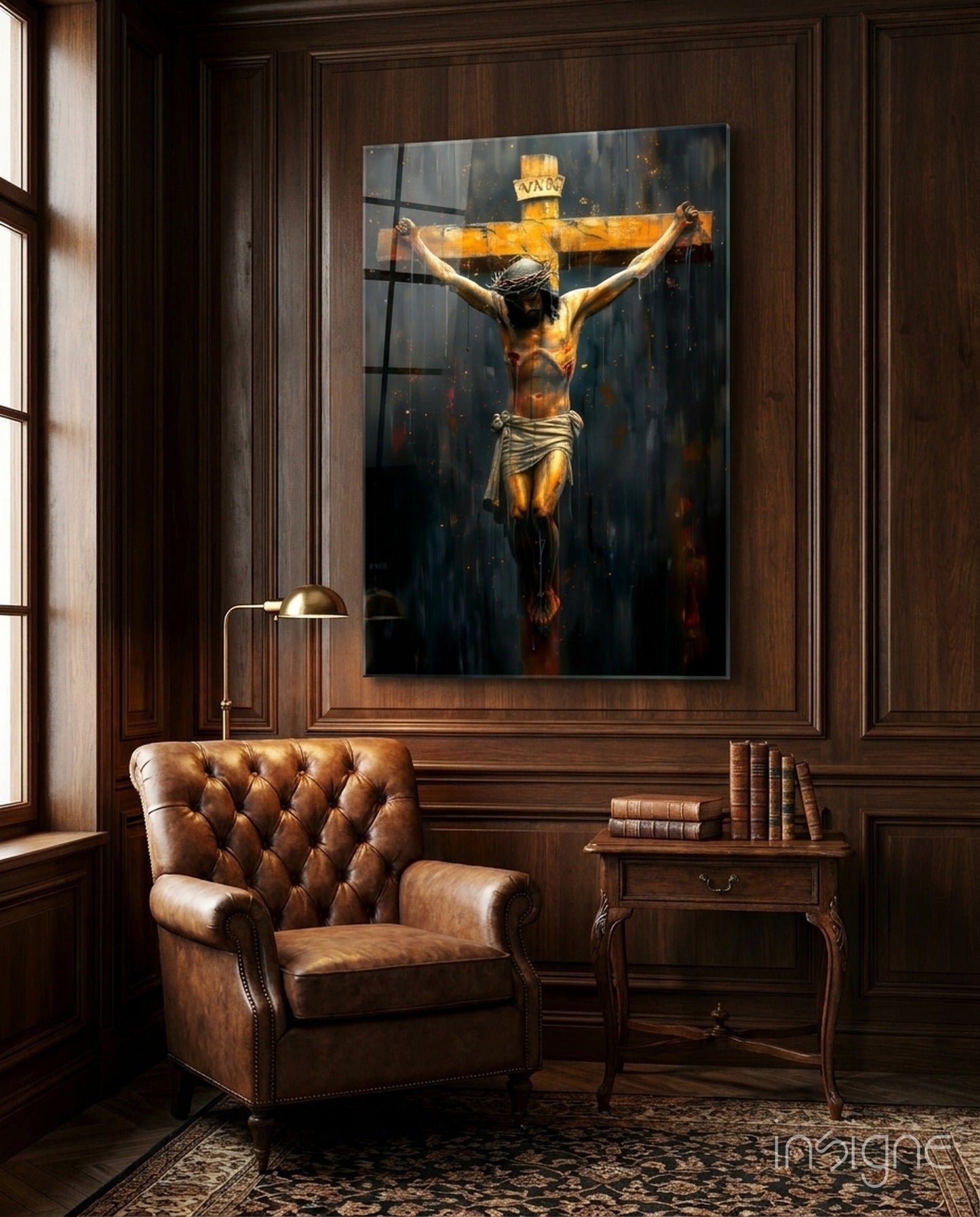 Golden Crucifixion glass wall art in gold and umber