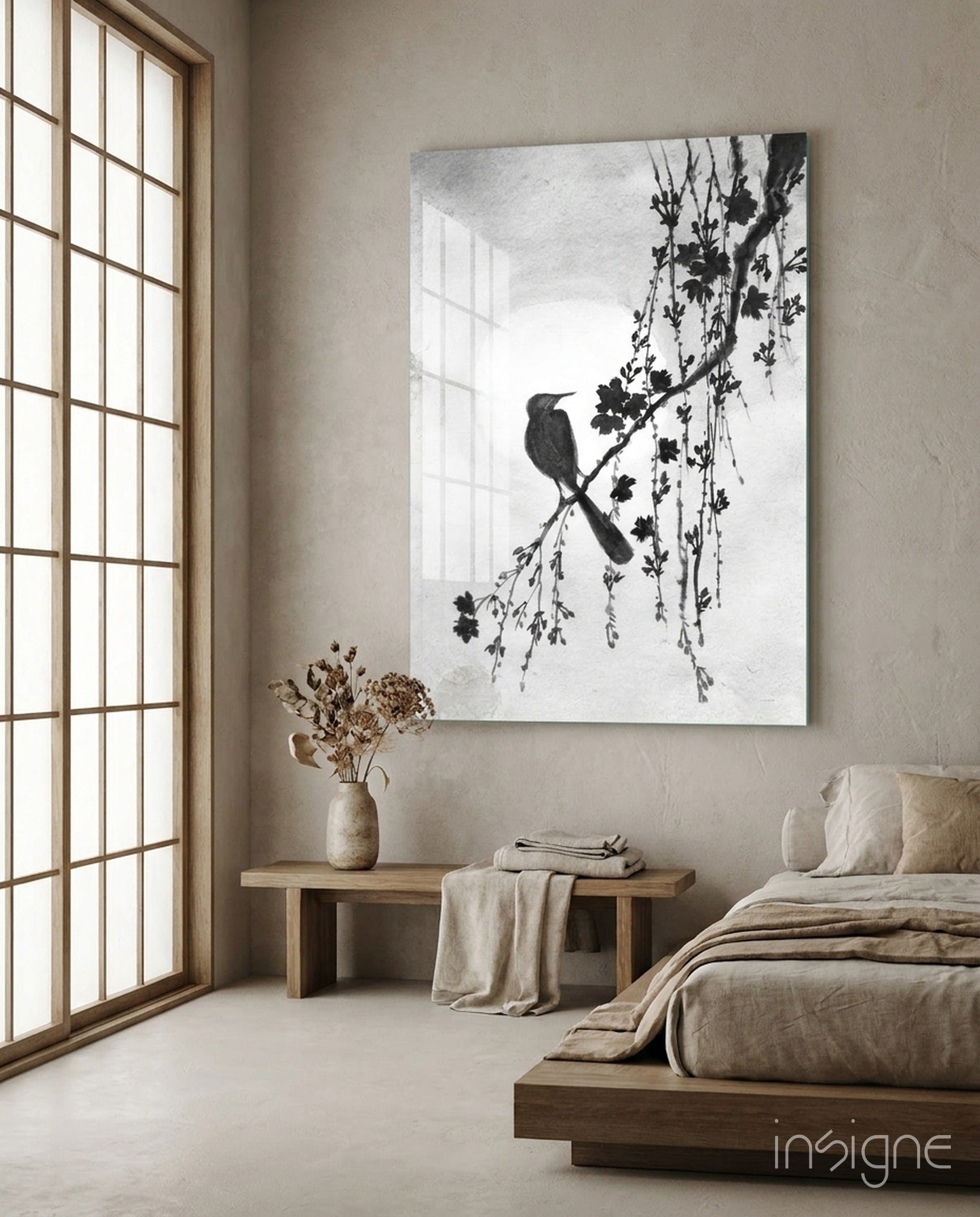 Bird on the Branch sumi-e ink painting on tempered glass, songbird on cherry blossom branch