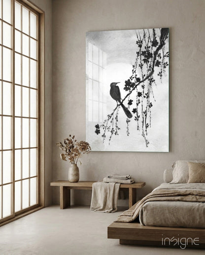 Bird on the Branch sumi-e ink painting on tempered glass, songbird on cherry blossom branch