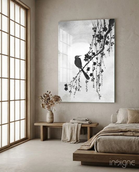 Bird on the Branch sumi-e ink painting on tempered glass, songbird on cherry blossom branch