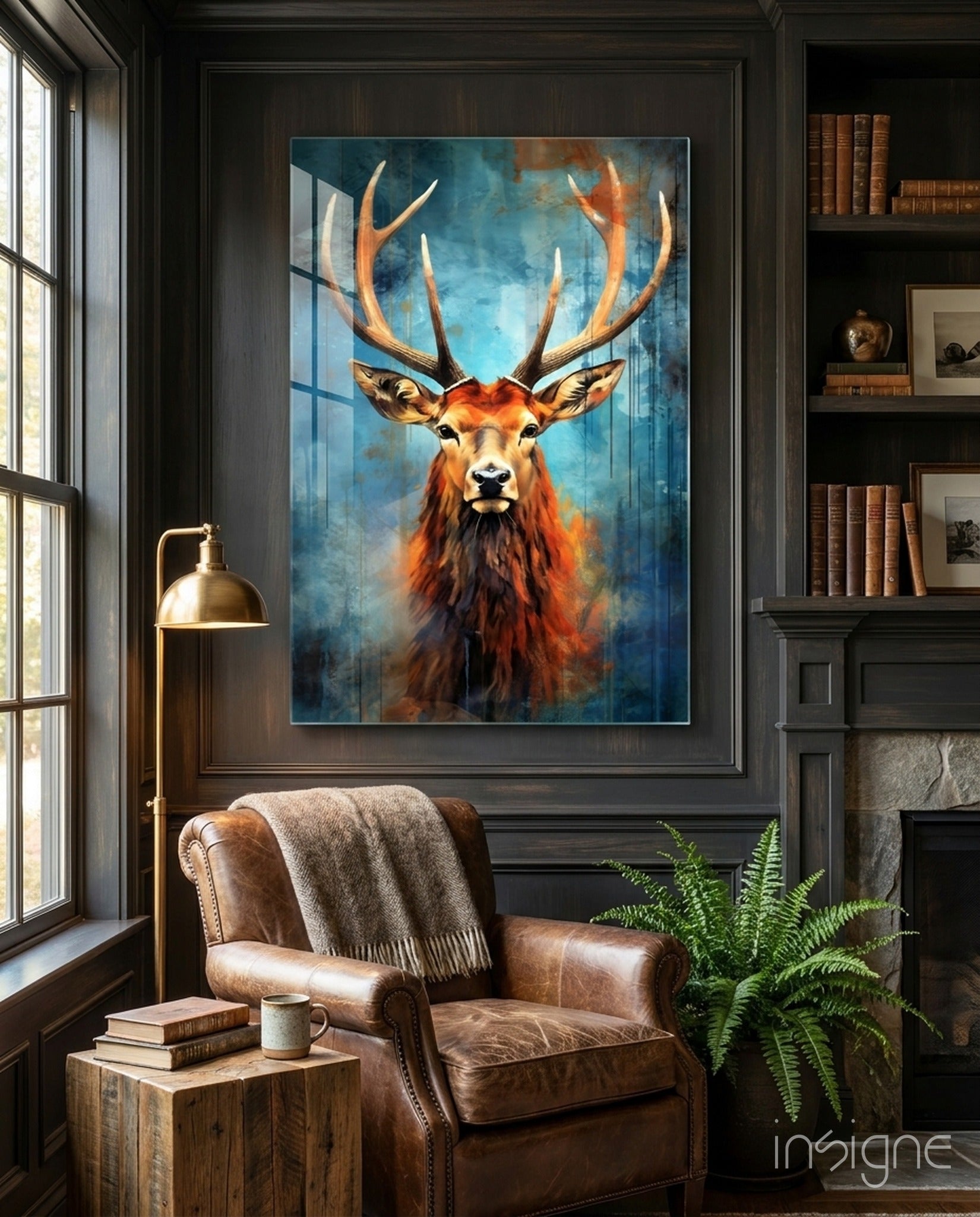 Regal stag glass wall art in scarlet and teal