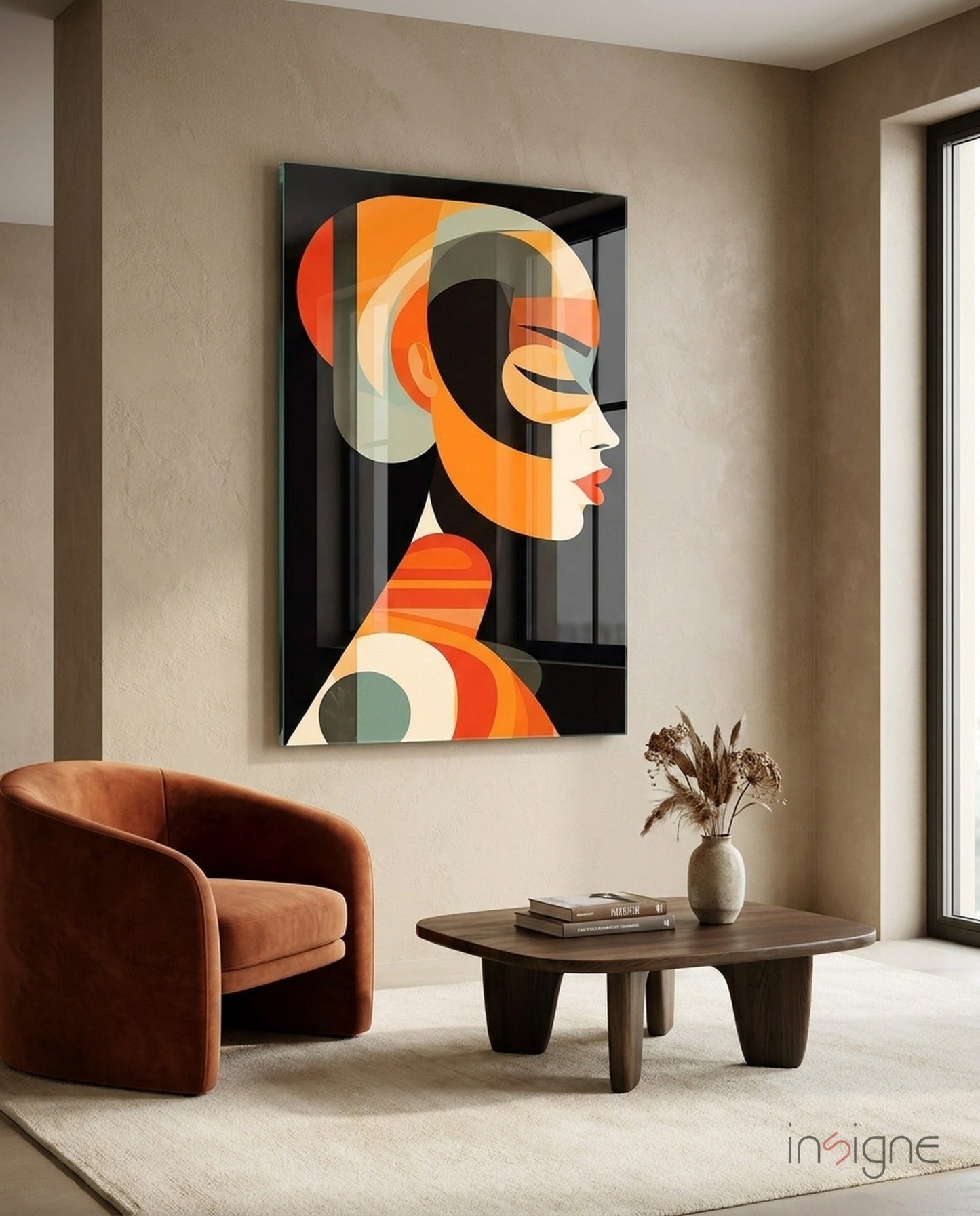 Mid-century stylized female profile glass wall art