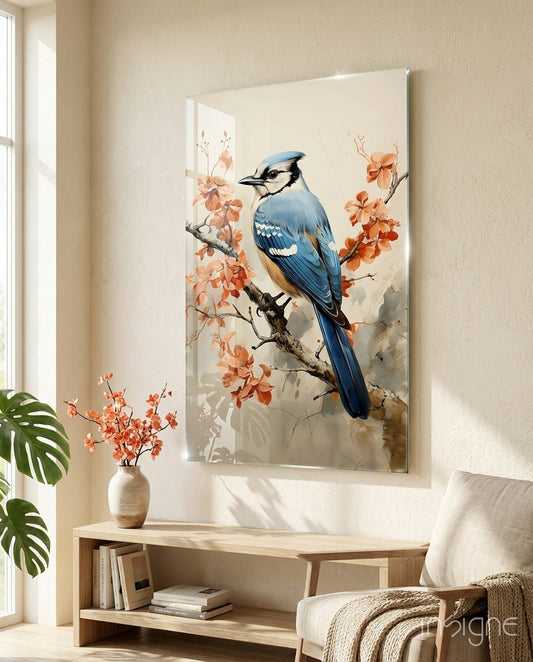 Blue jay on branch glass wall art - watercolor blue jay with cherry blossoms, tempered glass