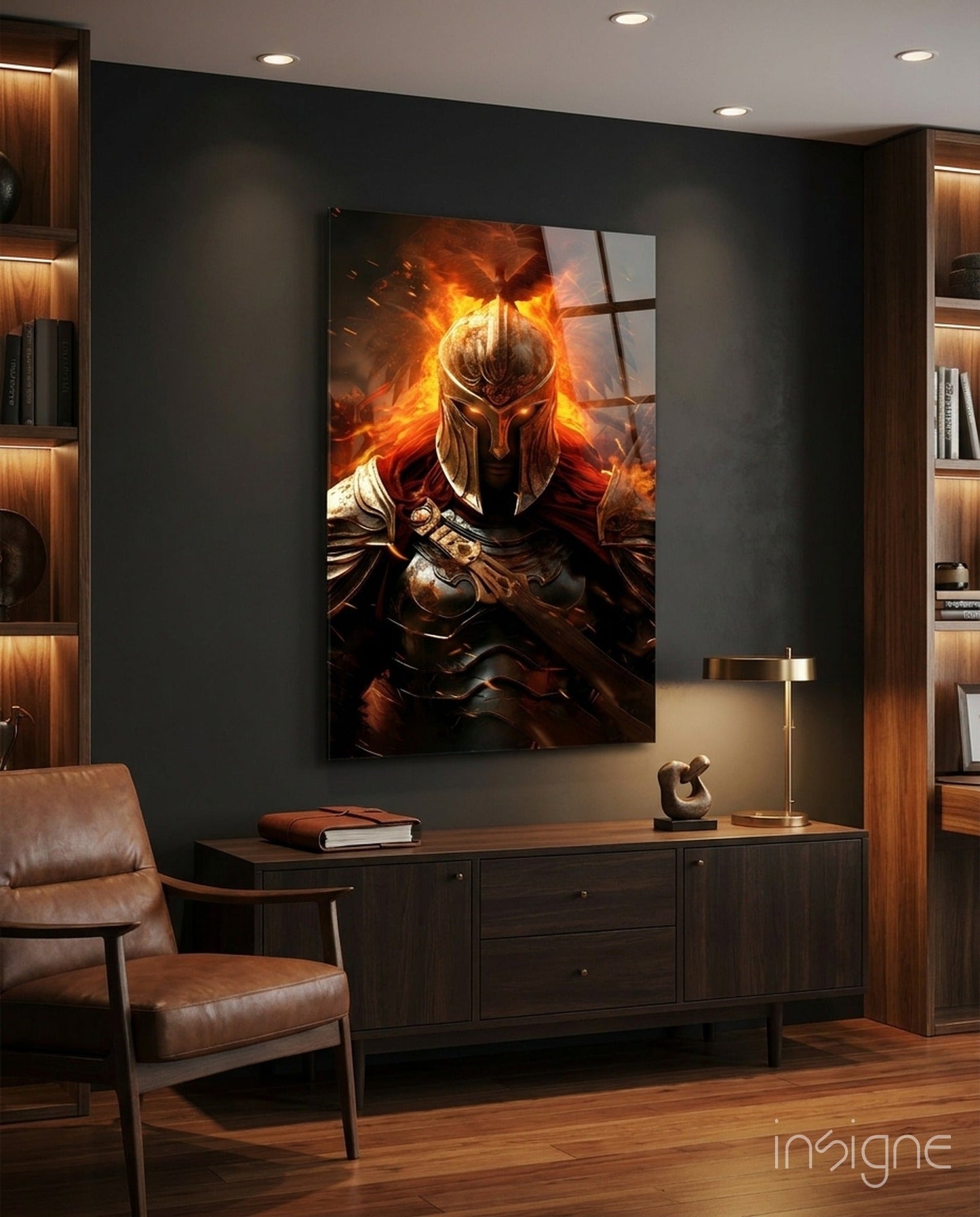 Golden flame warrior glass wall art with ember glow