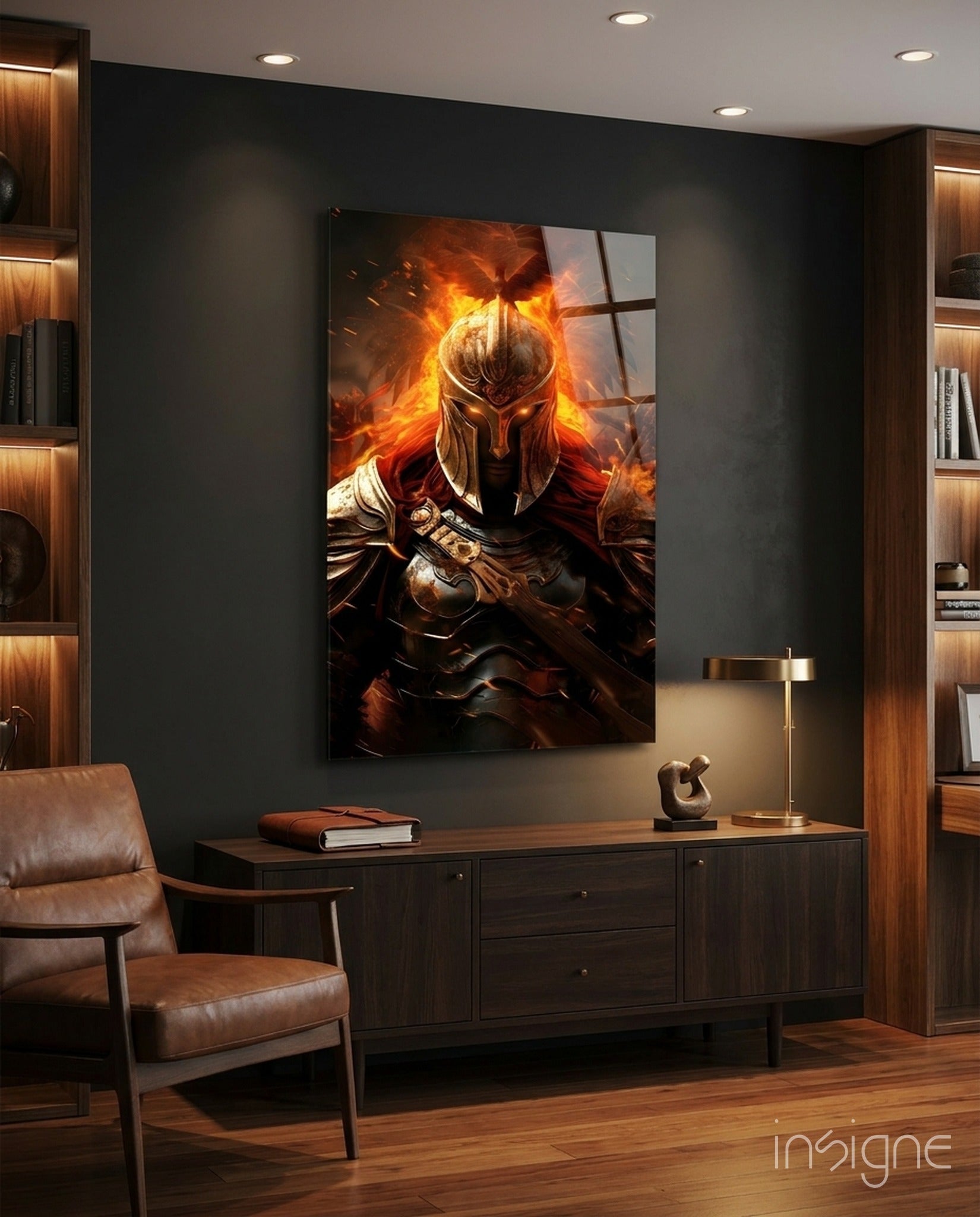 Golden flame warrior glass wall art with ember glow
