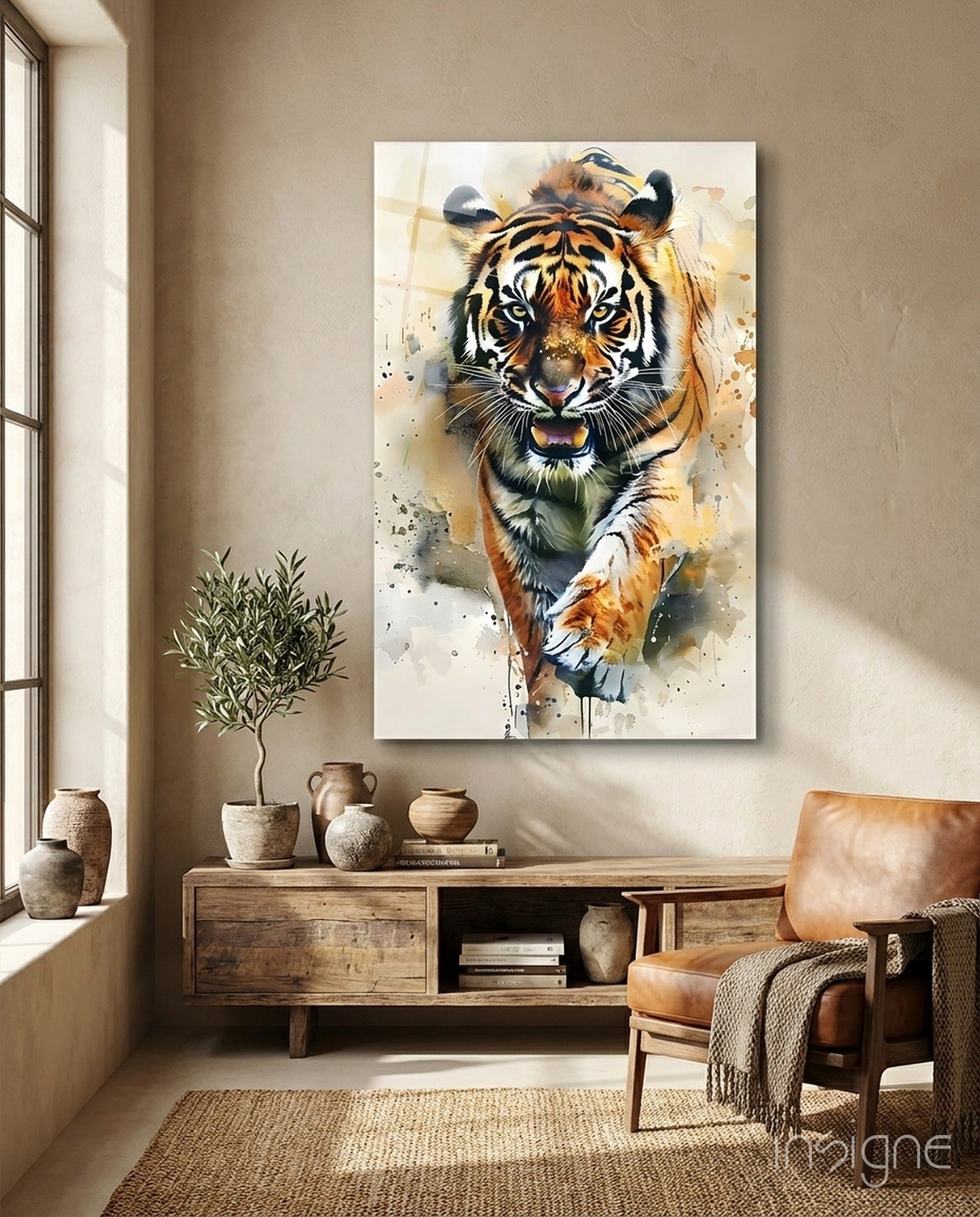 Charging tiger glass wall art with watercolor splash
