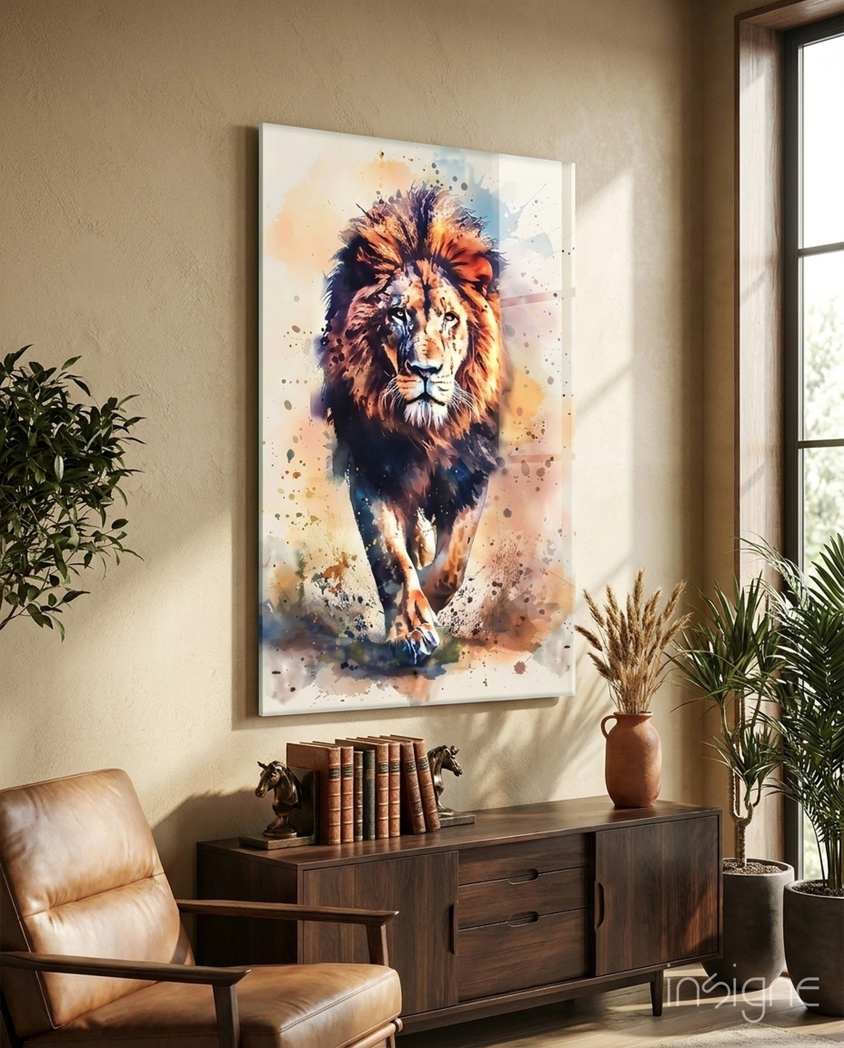 Charging lion glass wall art with watercolor splash
