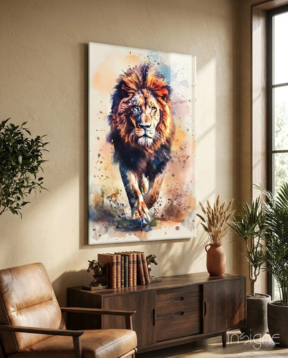 Charging lion glass wall art with watercolor splash