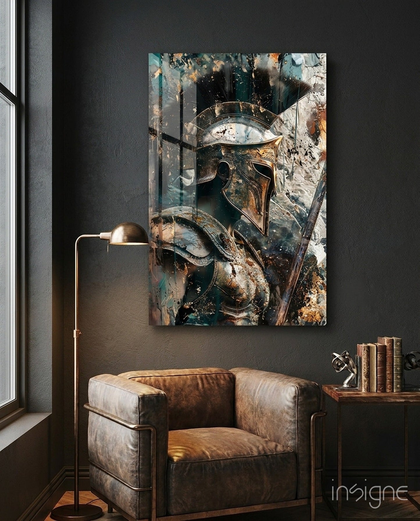 Spartan helmet glass wall art in painterly teal and rust