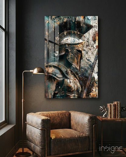 Spartan helmet glass wall art in painterly teal and rust