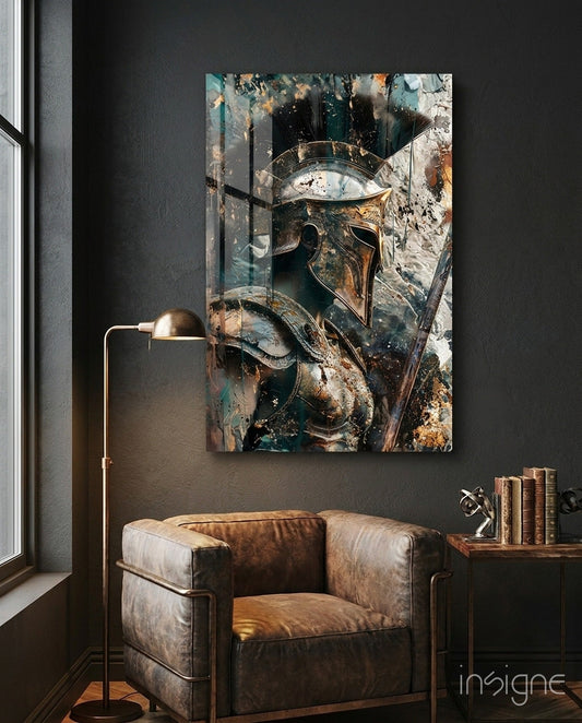 Spartan helmet glass wall art in painterly teal and rust