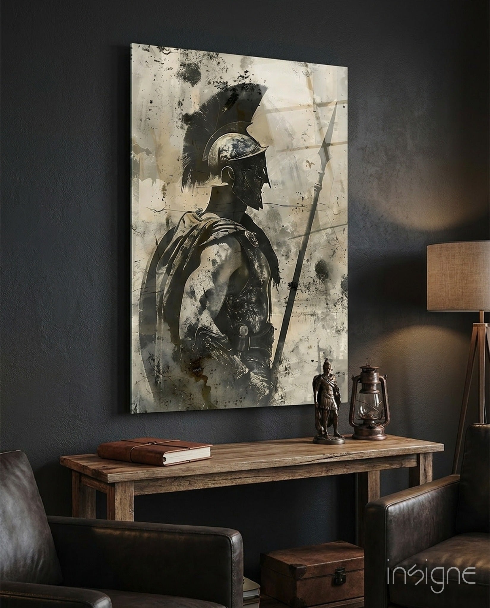 Roman gladiator sketch glass wall art in monochrome