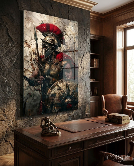 Charging gladiator glass wall art in scarlet and ivory