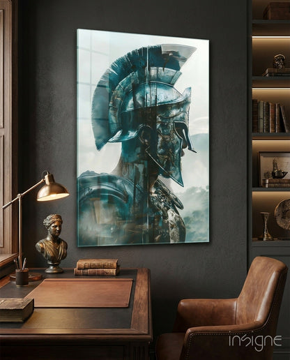Gladiator glass wall art on a foggy battlefield in teal armor