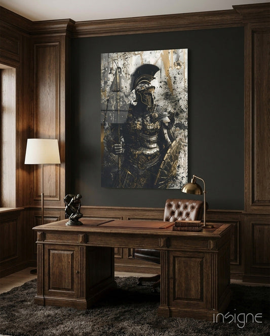 Stoic Roman gladiator glass wall art in gold and cream