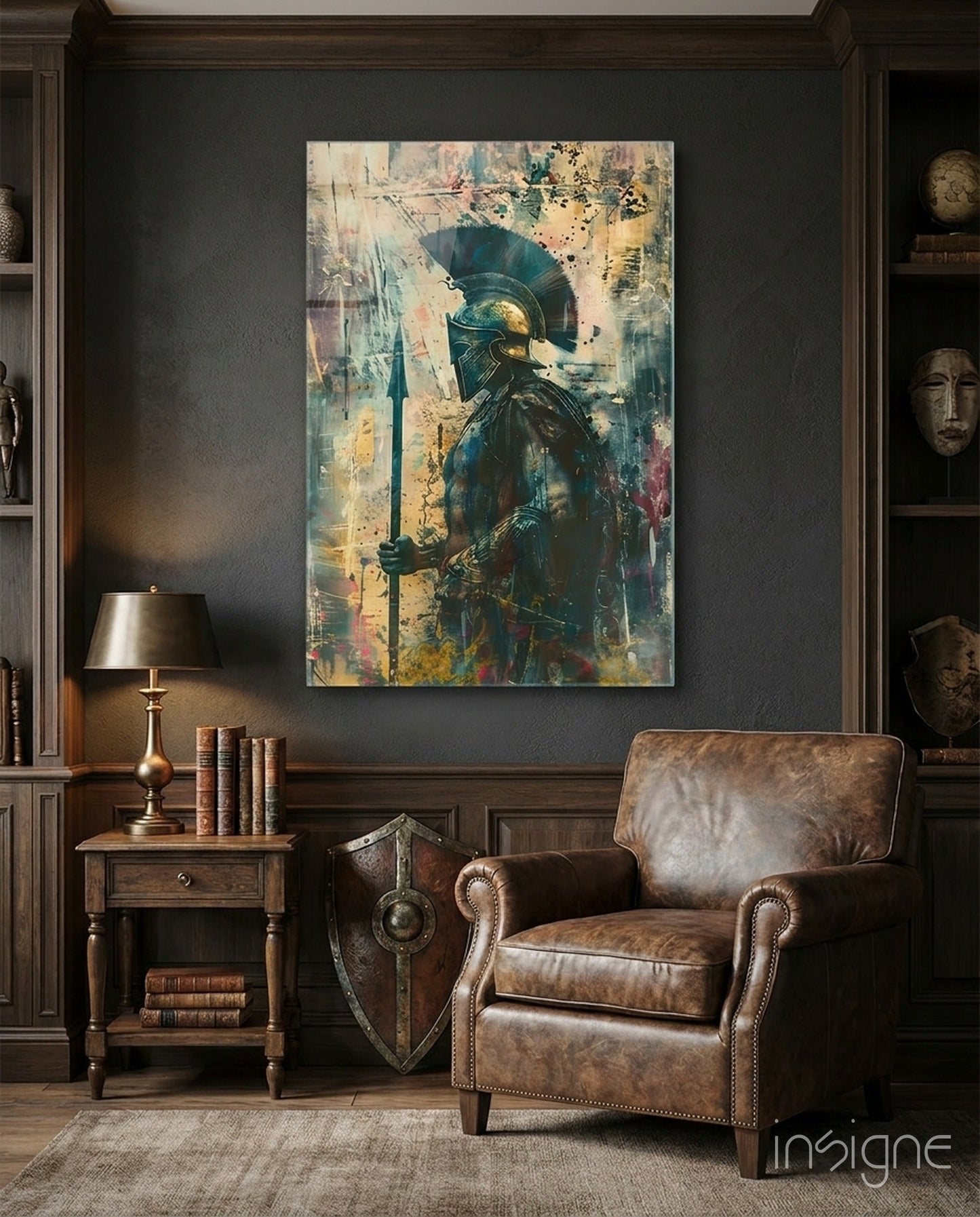 Shadow warrior gladiator glass wall art in teal and amber