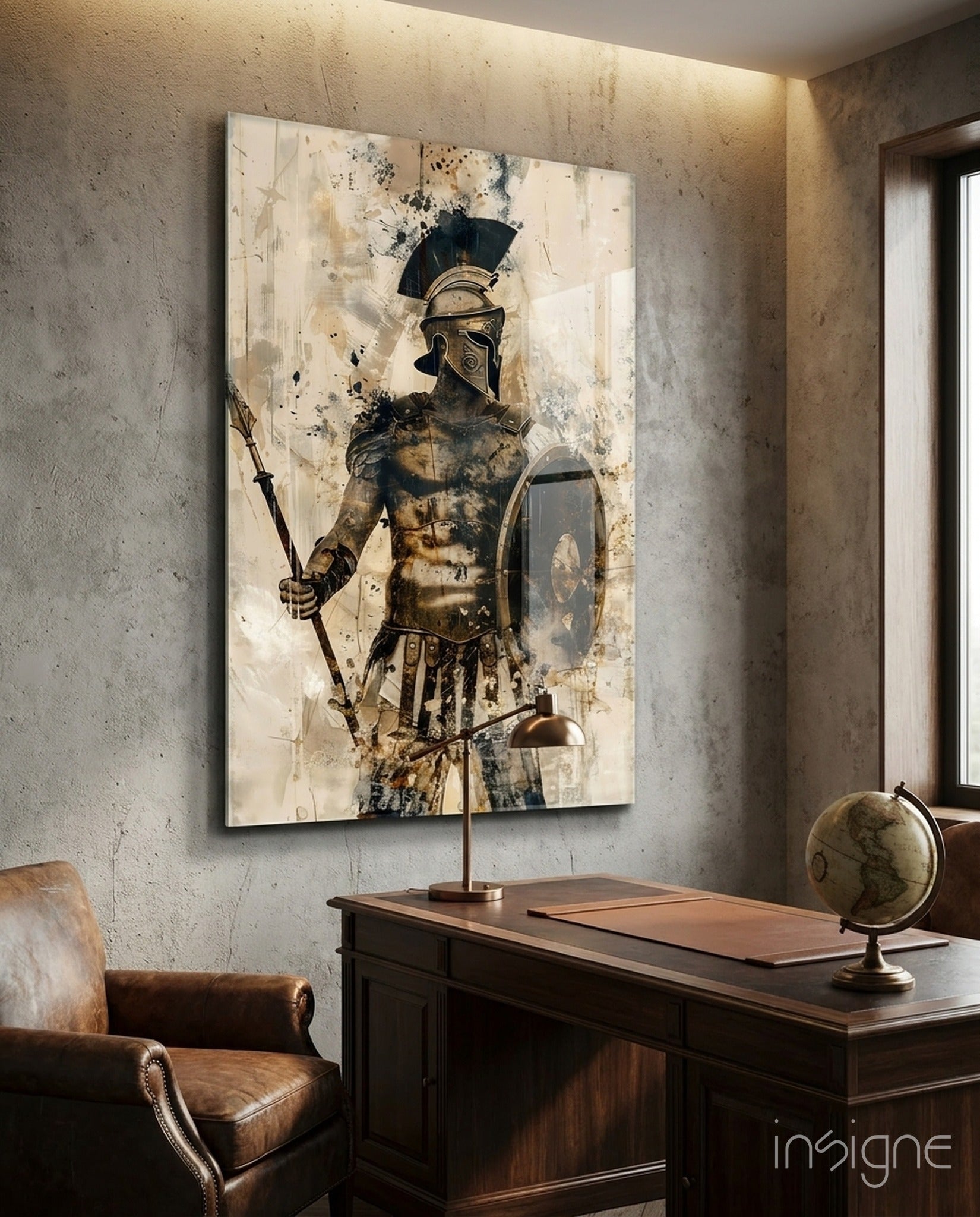 Gladiator glass wall art in amber and cream impasto