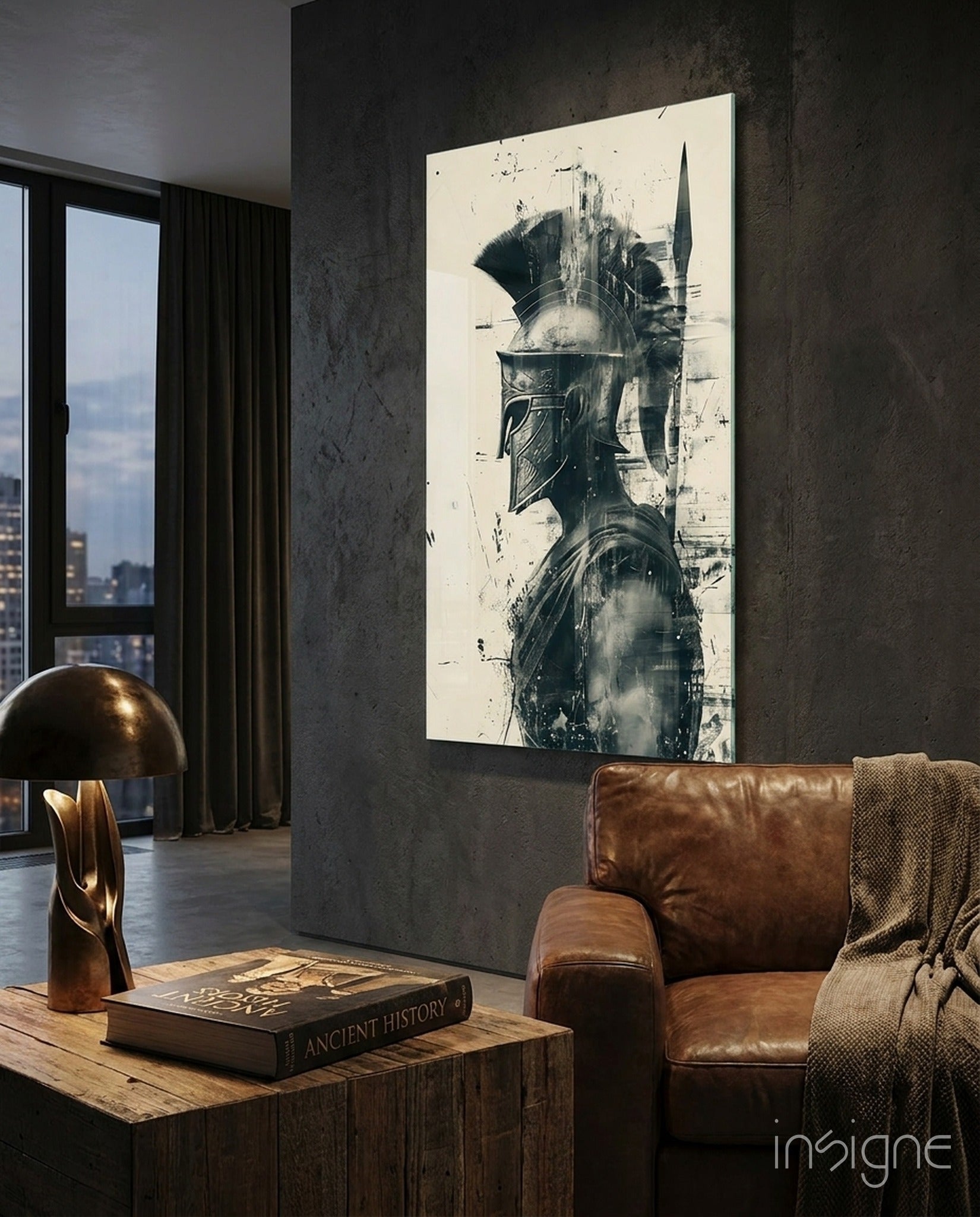 Gladiator glass wall art in black and white ink wash
