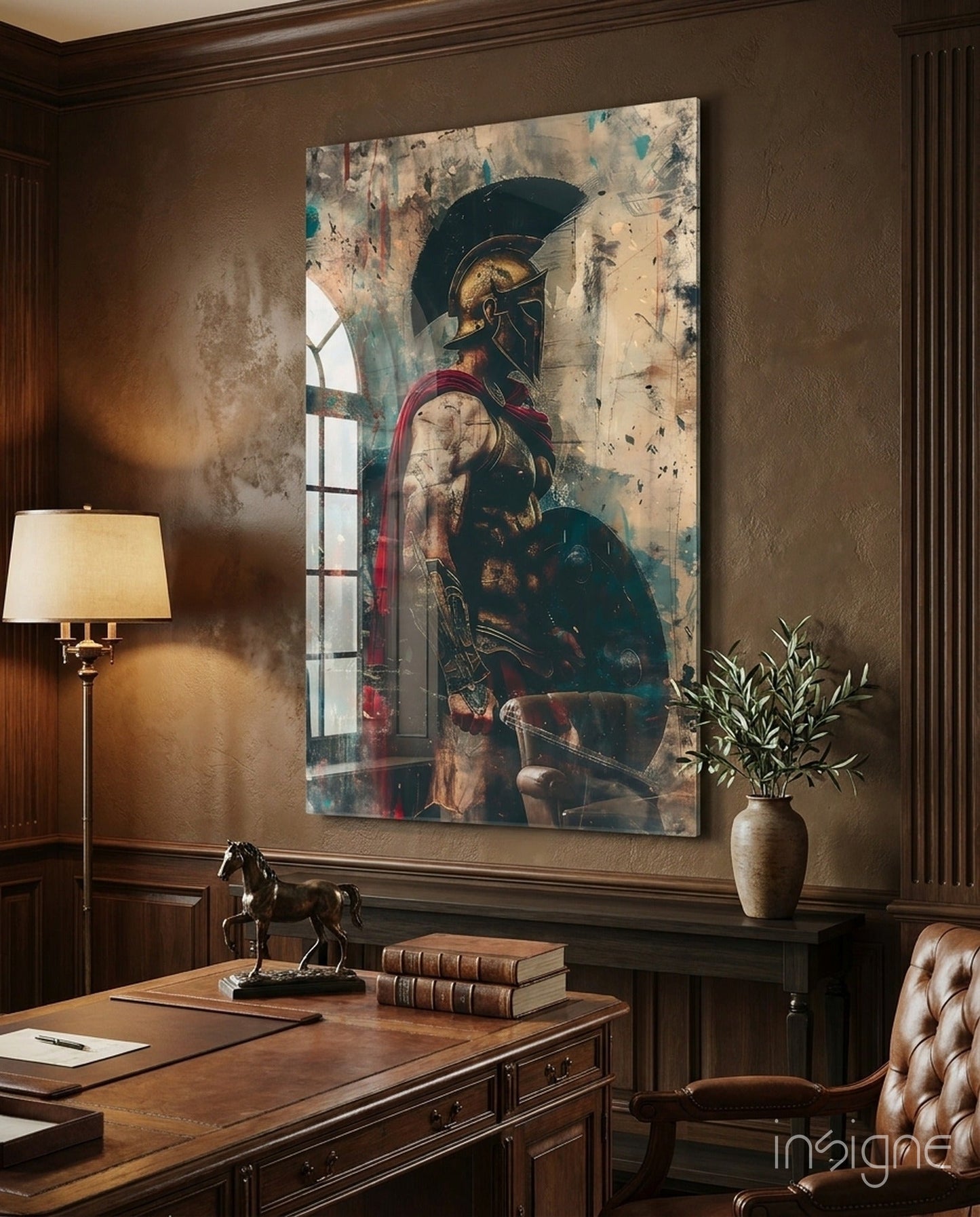 Gladiator glass wall art at an arched window