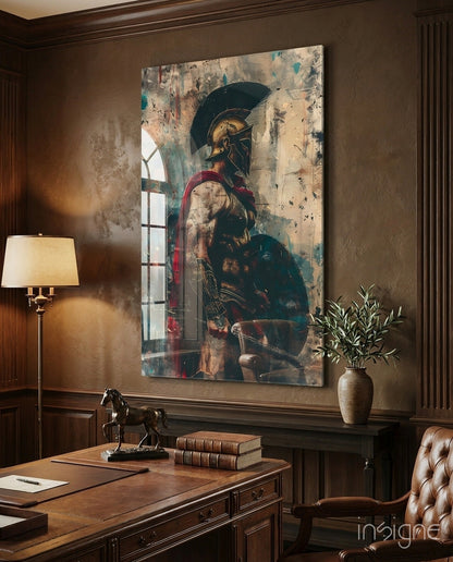 Gladiator glass wall art at an arched window