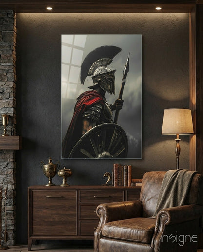 Roman gladiator glass wall art, helmeted warrior with spear and shield in fog