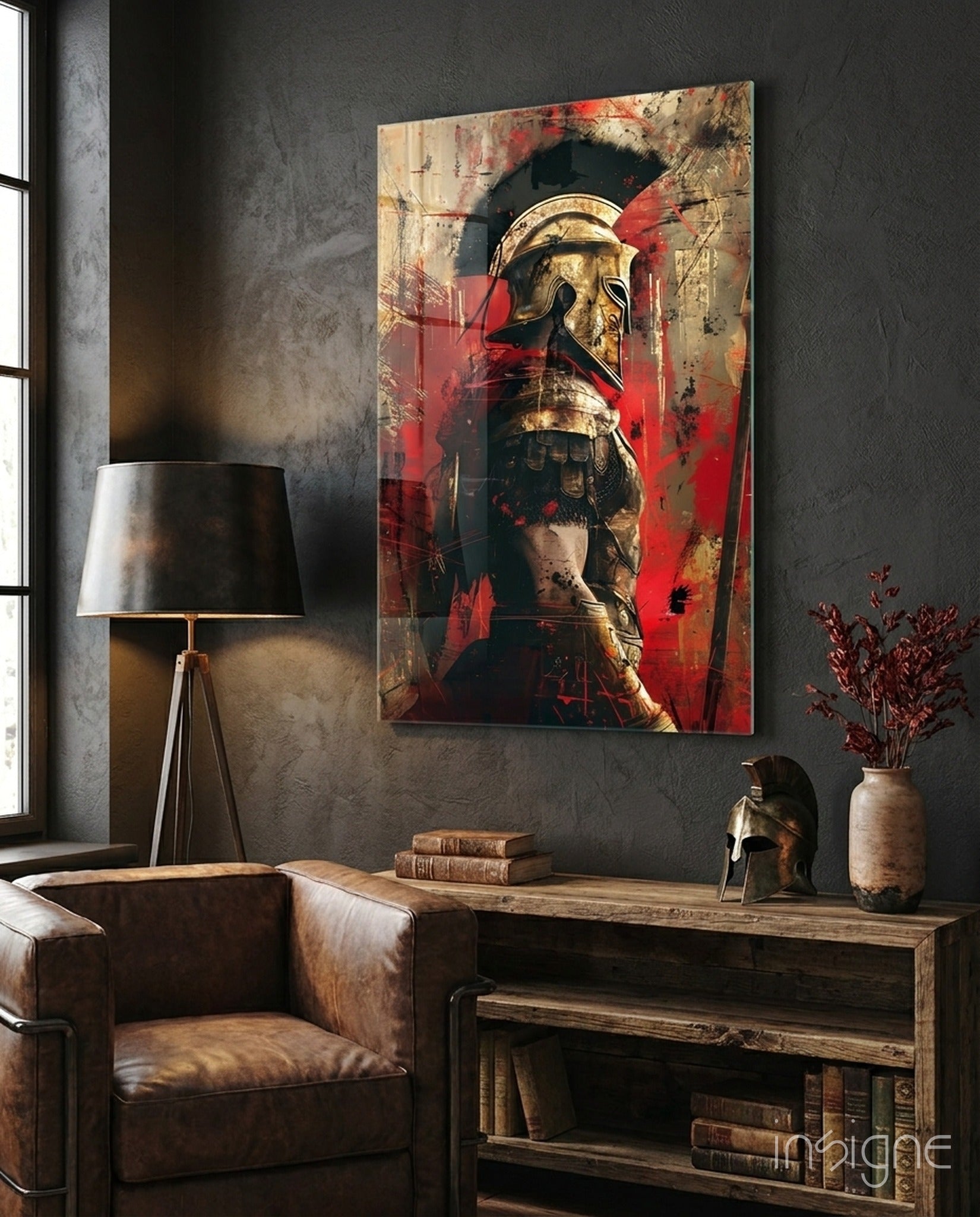 Gladiator glass wall art in scarlet and gold impasto