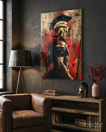 Gladiator glass wall art in scarlet and gold impasto