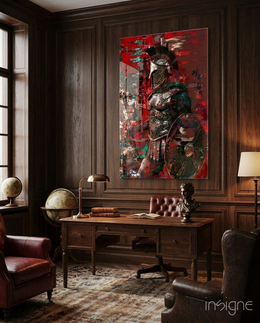 Grunge gladiator glass wall art in scarlet and teal