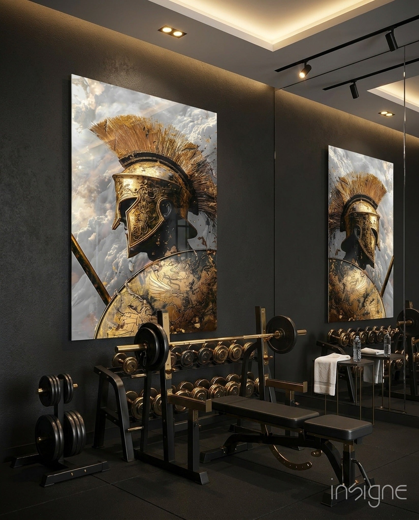 Gold shadow gladiator glass wall art