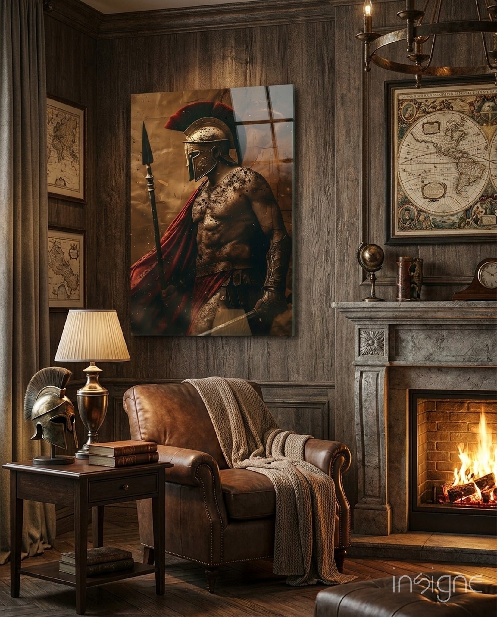 Shirtless Roman gladiator glass wall art in amber and scarlet