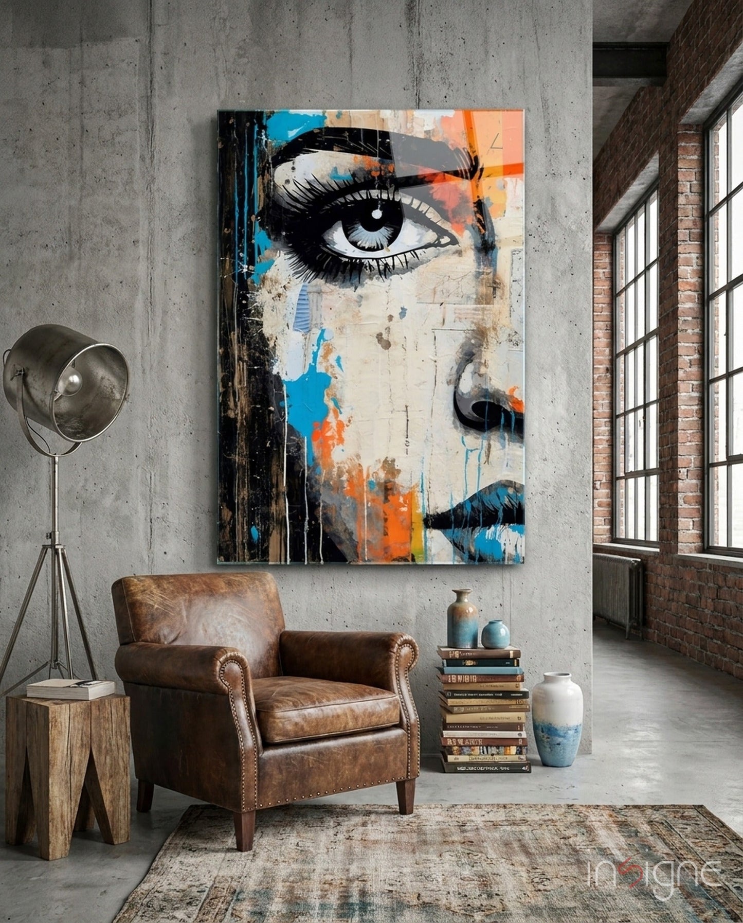Half-face portrait glass wall art in cobalt and magenta