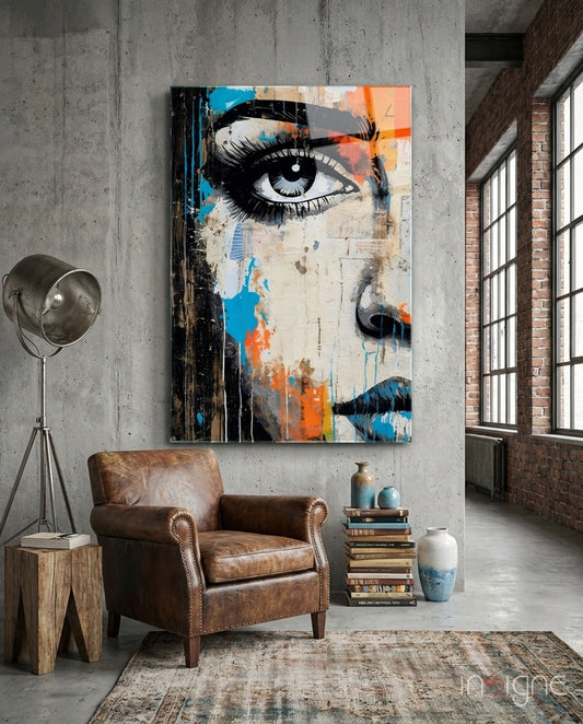 Half-face portrait glass wall art in cobalt and magenta