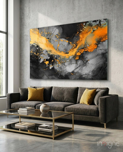 Tangerine and gold marble fluid-art glass wall art