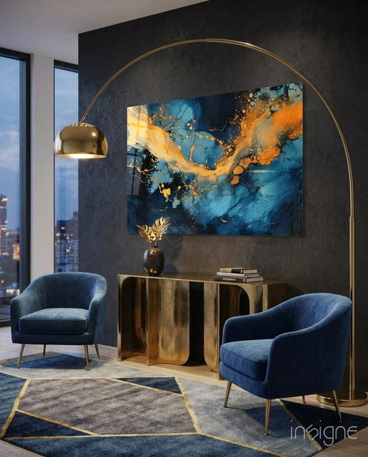 Cobalt and gold marble fluid-art glass wall art