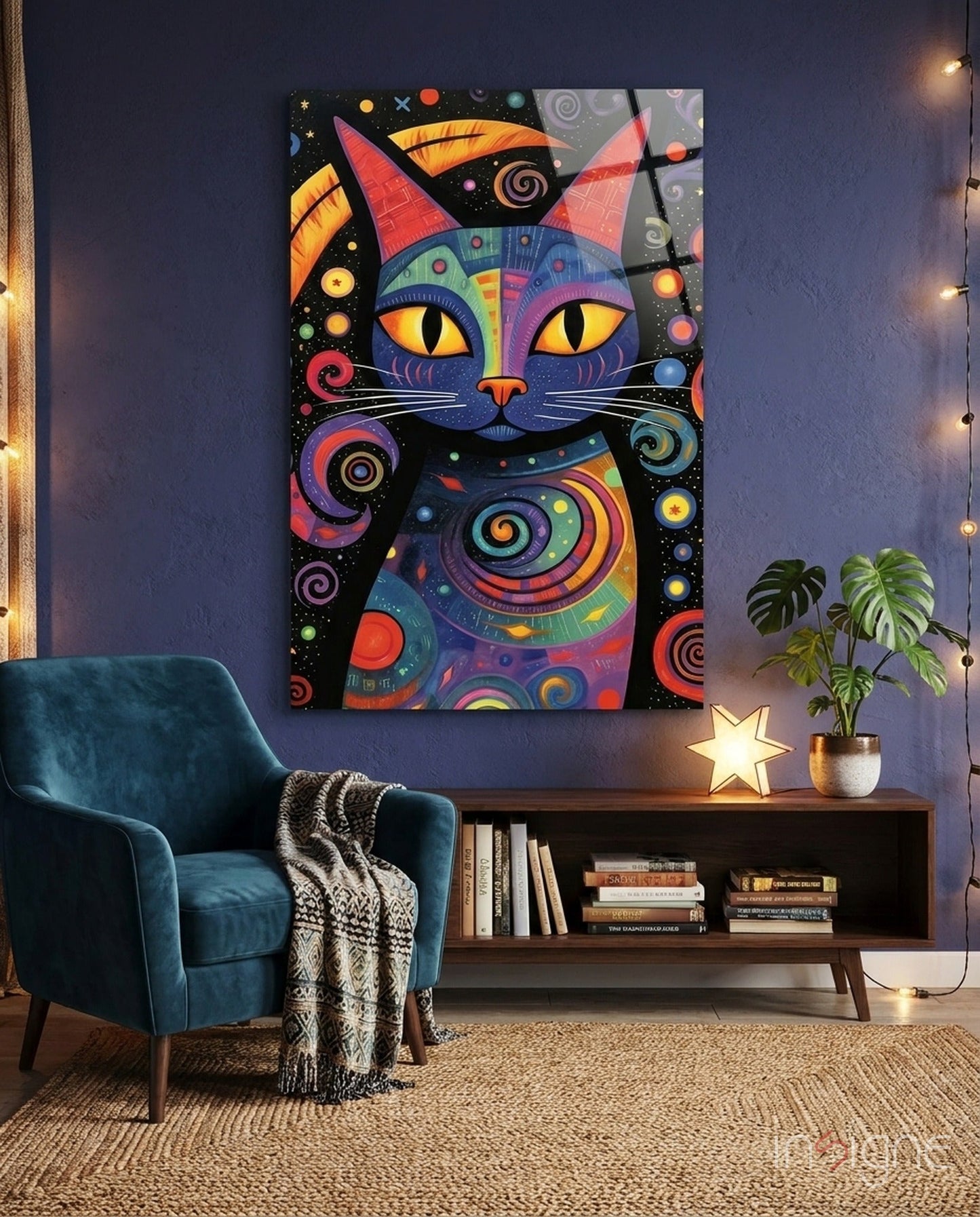 Rainbow folk-art night cat glass wall art