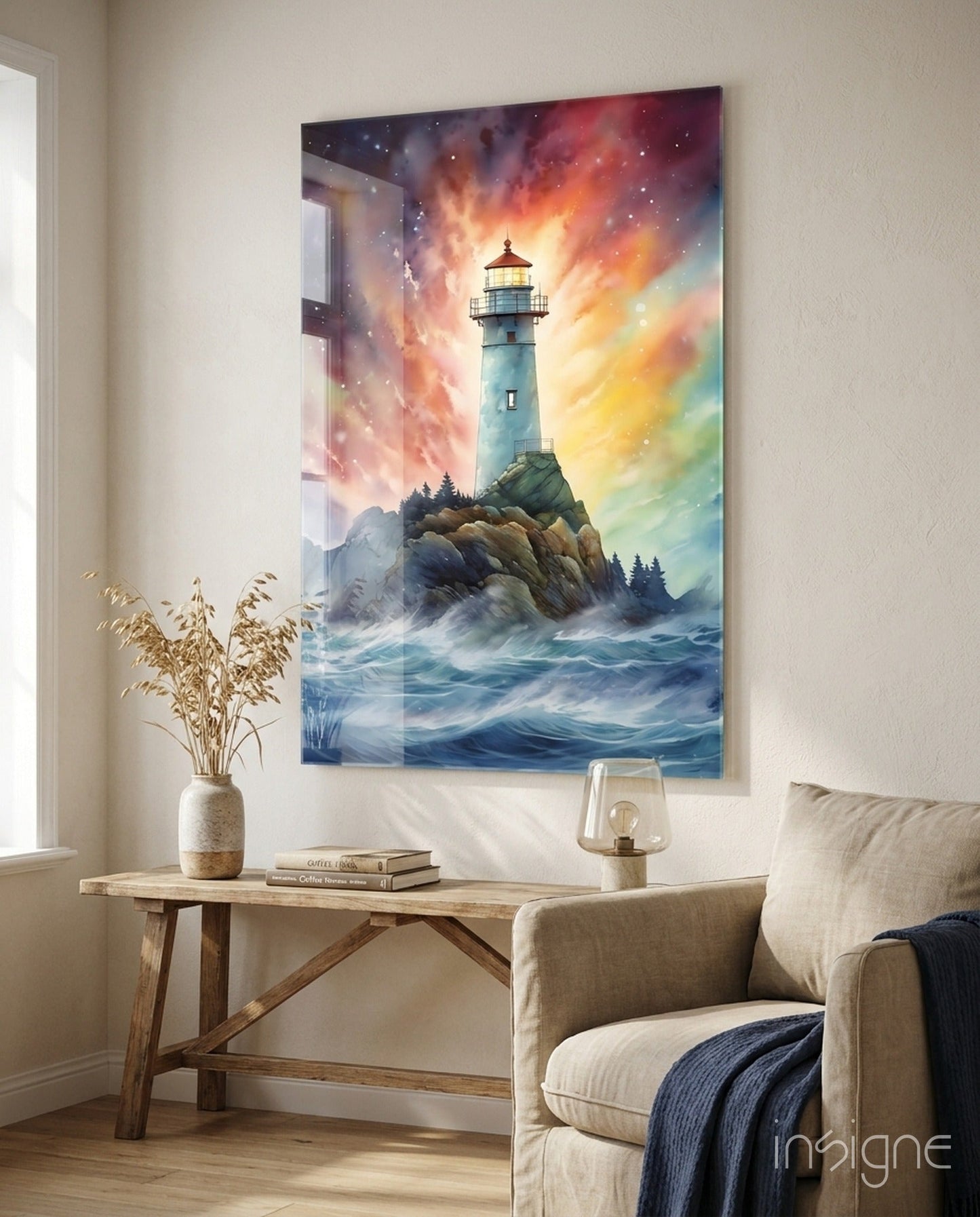 Rainbow lighthouse glass wall art with cobalt waves