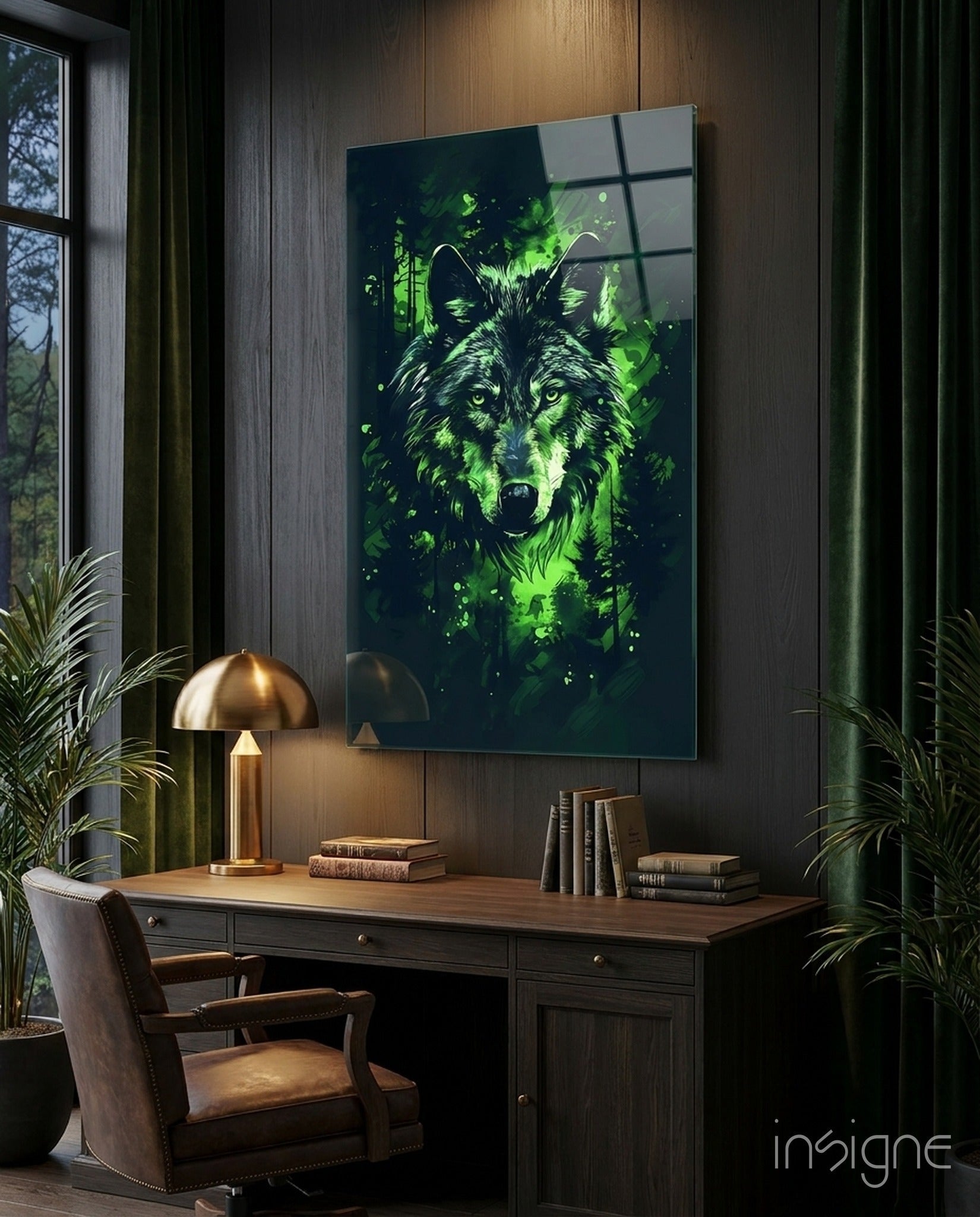 Mystic wolf glass wall art in a midnight forest