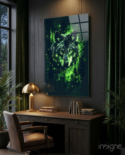 Mystic wolf glass wall art in a midnight forest