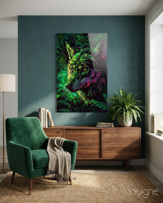 Jungle wolf glass wall art with emerald and magenta foliage