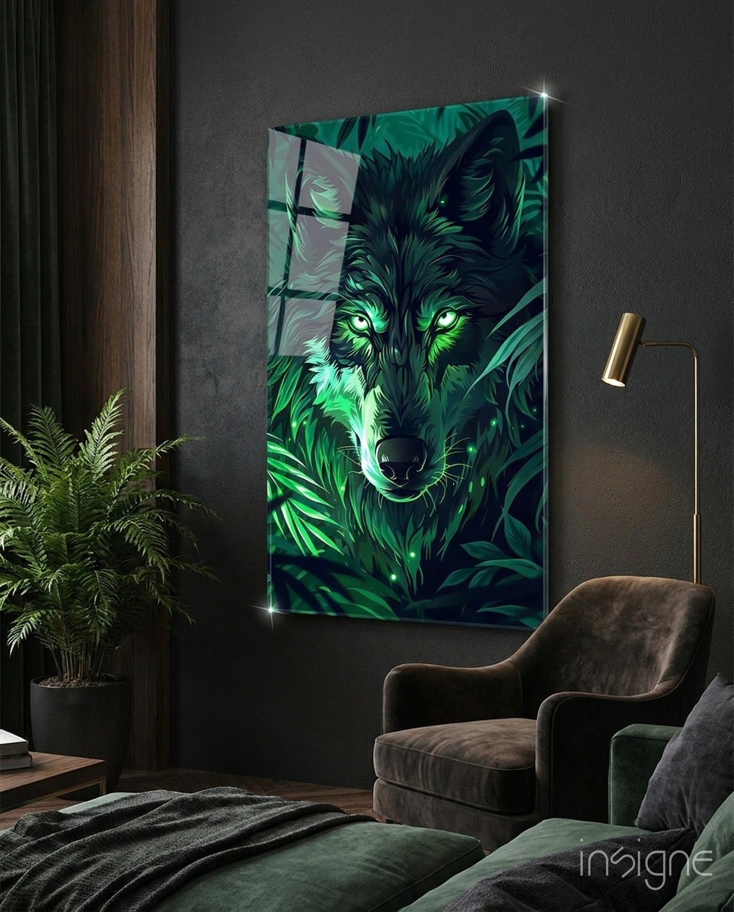 Emerald wolf glass wall art with glowing green eyes